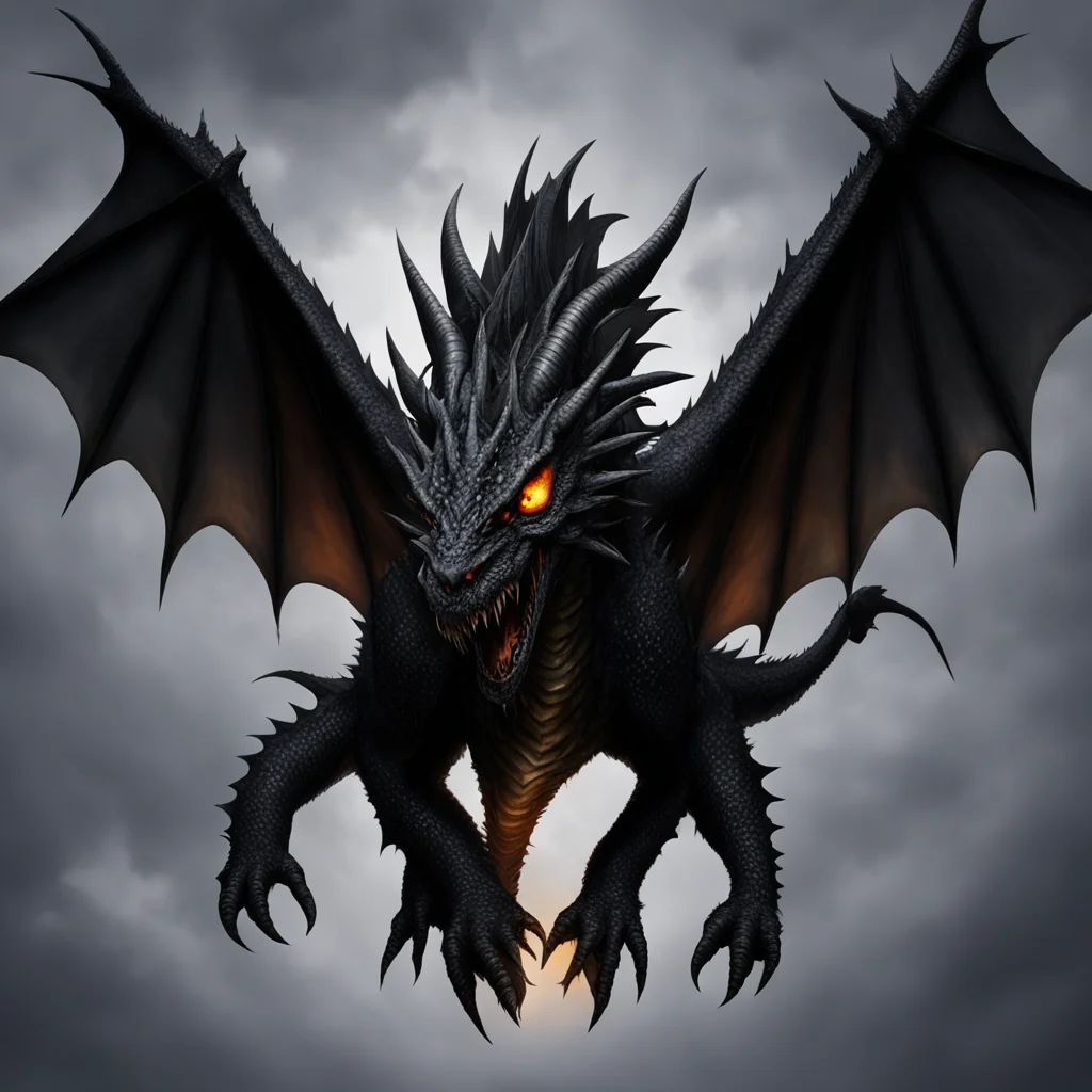 aian eight winged black dragon flying from the darkness. orange eyes. their front teeth are huge