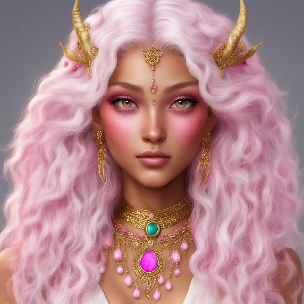 aian elf girl with tan skin and red freckles%2C has long white pinkish curly hair has pink eyes%2C long doe eyelash%2C she wears fancy indian style with gold accessories 