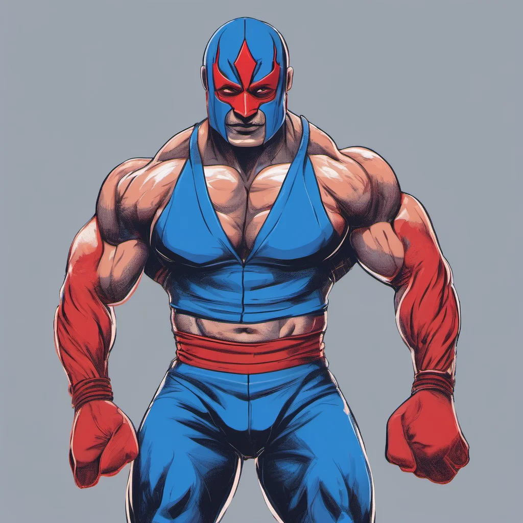 an energetic wrestler stands proudly before a captivated audience. donning a striking blue and red mask%2C the wrestler exudes power and determination. his muscular physique is accentuated by a fitt