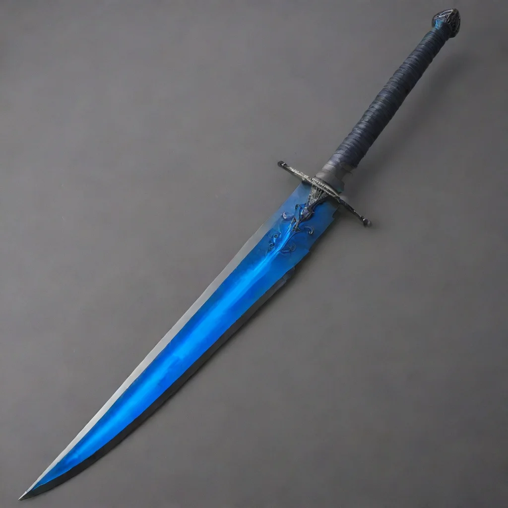 aian english longsword that has azure blue blade color and onyx blade grip color with the blade being enveloped in blue flame like energy%2C made out the finest steel 