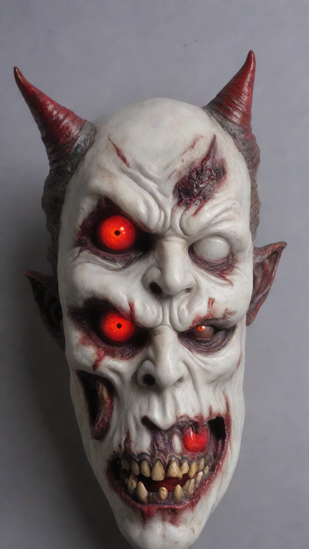 an evil mask demon with glowing red eyes and a porcelain finish tall