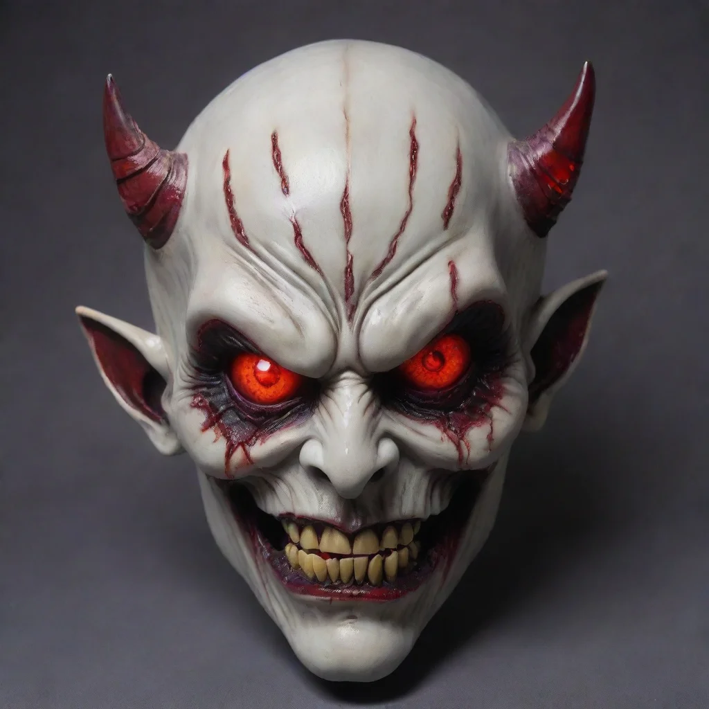 an evil mask demon with glowing red eyes and a porcelain finish