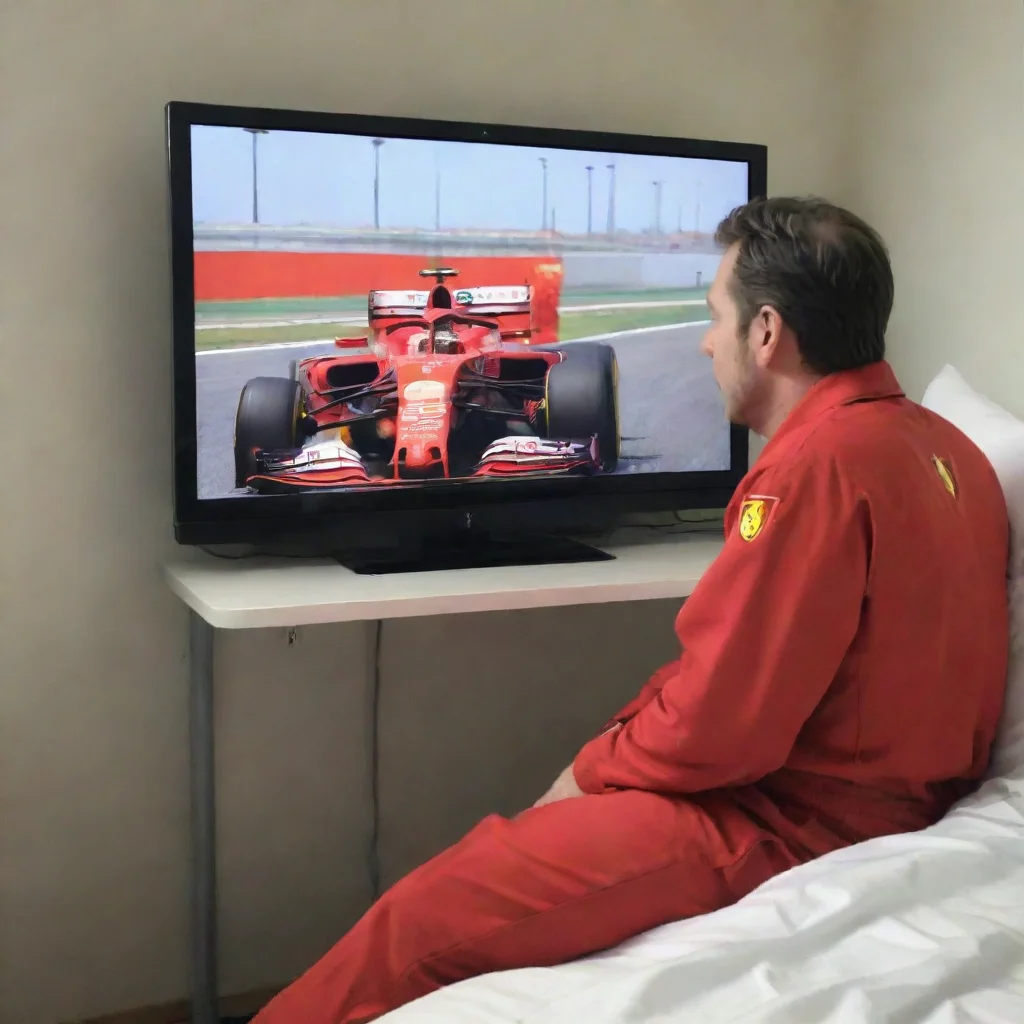 an excel spreadsheet in a hospital bed in a ferrari suit watching the formula 1 on tv