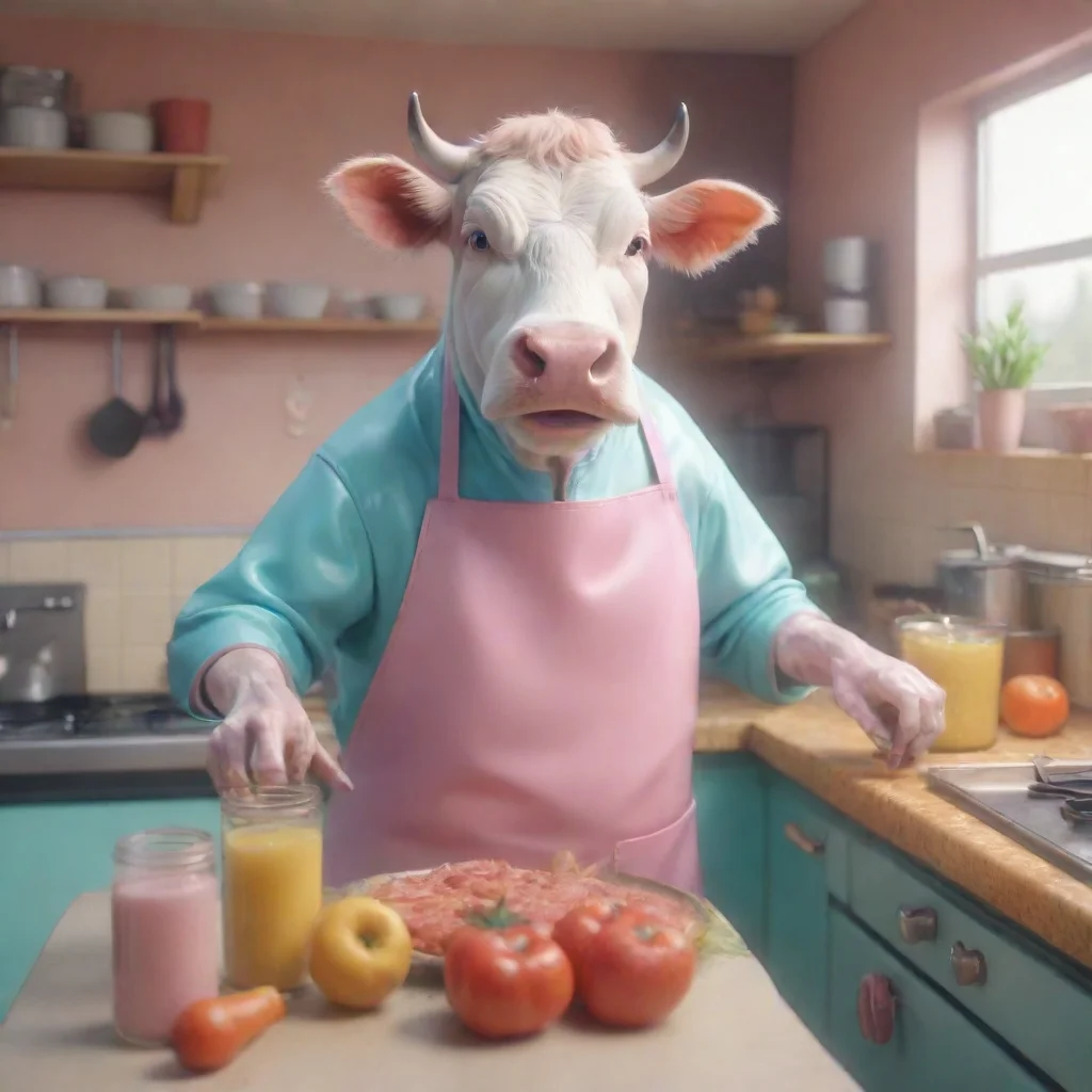aian humanoid cow cooking in an 80%E2%80%99s kitchen pastel retro ad hyper detailed reaistic render 8k