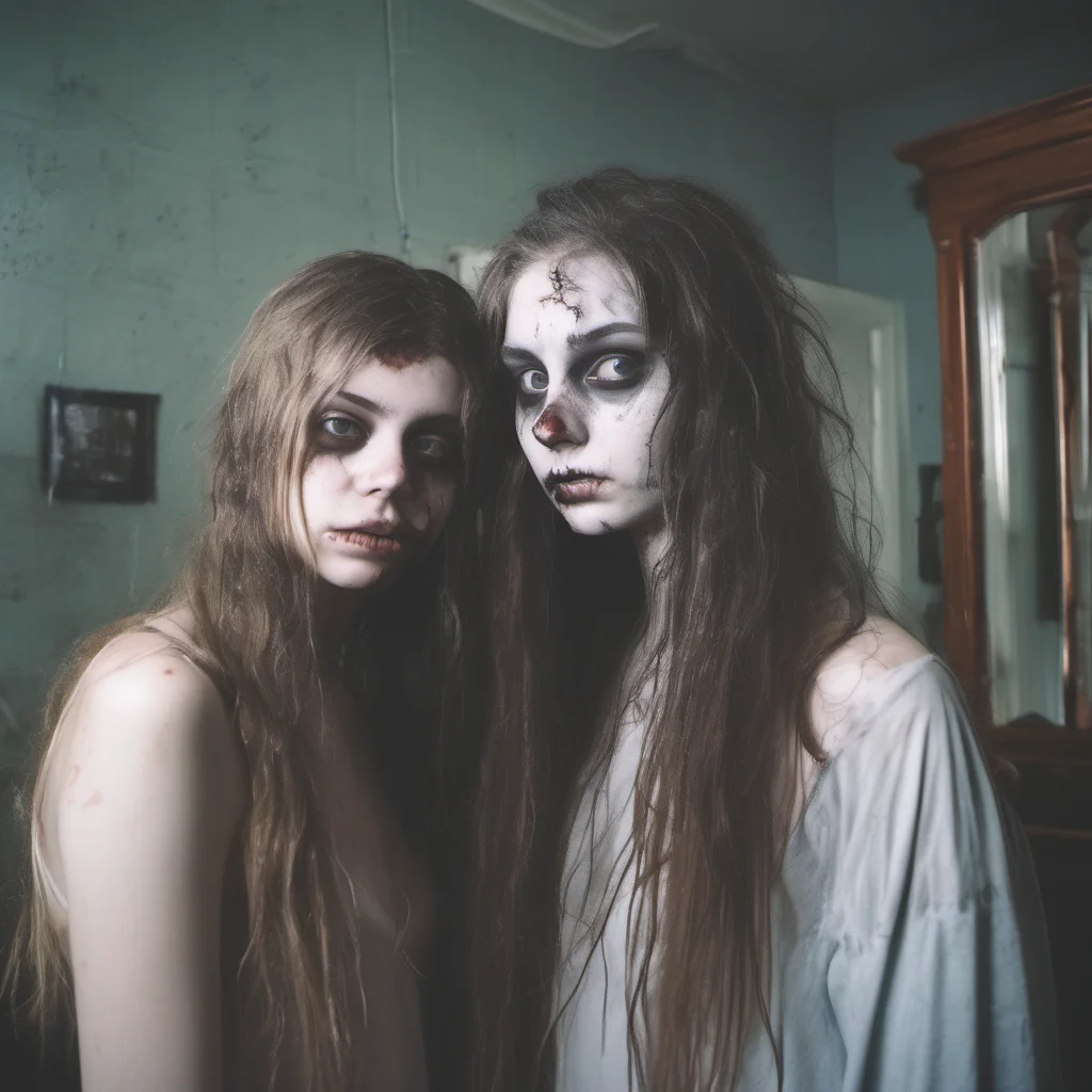 an innocent clean girl   18 yo   posing with her  zombie girlfriend   wet messy hair  pale skin  in front of mirror   haunted house  