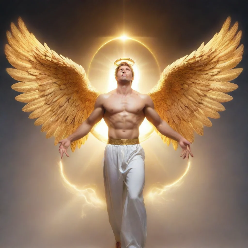 aian male angel fighting golden wings and golden halo word colorful golden 