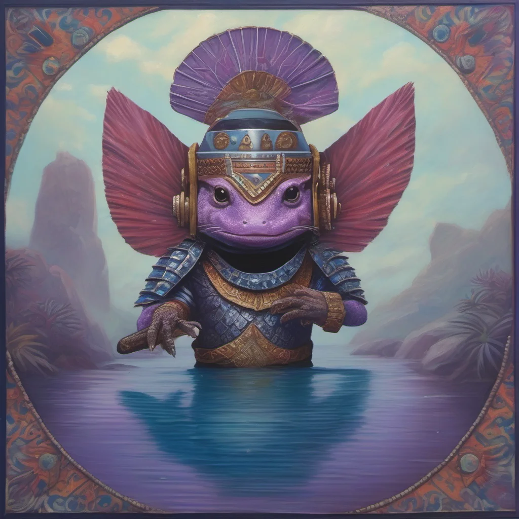 an oil painting of an axolotl with a helmet and quetzalcoat suit with a background of the aztec shield with fuana from the bottom of the lake all with blue to purple tones amazing awesome