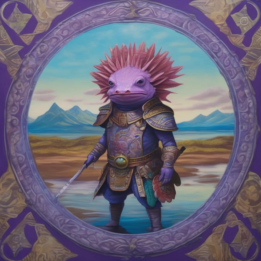 an oil painting of an axolotl with a helmet and quetzalcoat suit with a background of the aztec shield with fuana from the bottom of the lake all with blue to purple tones confident engaging