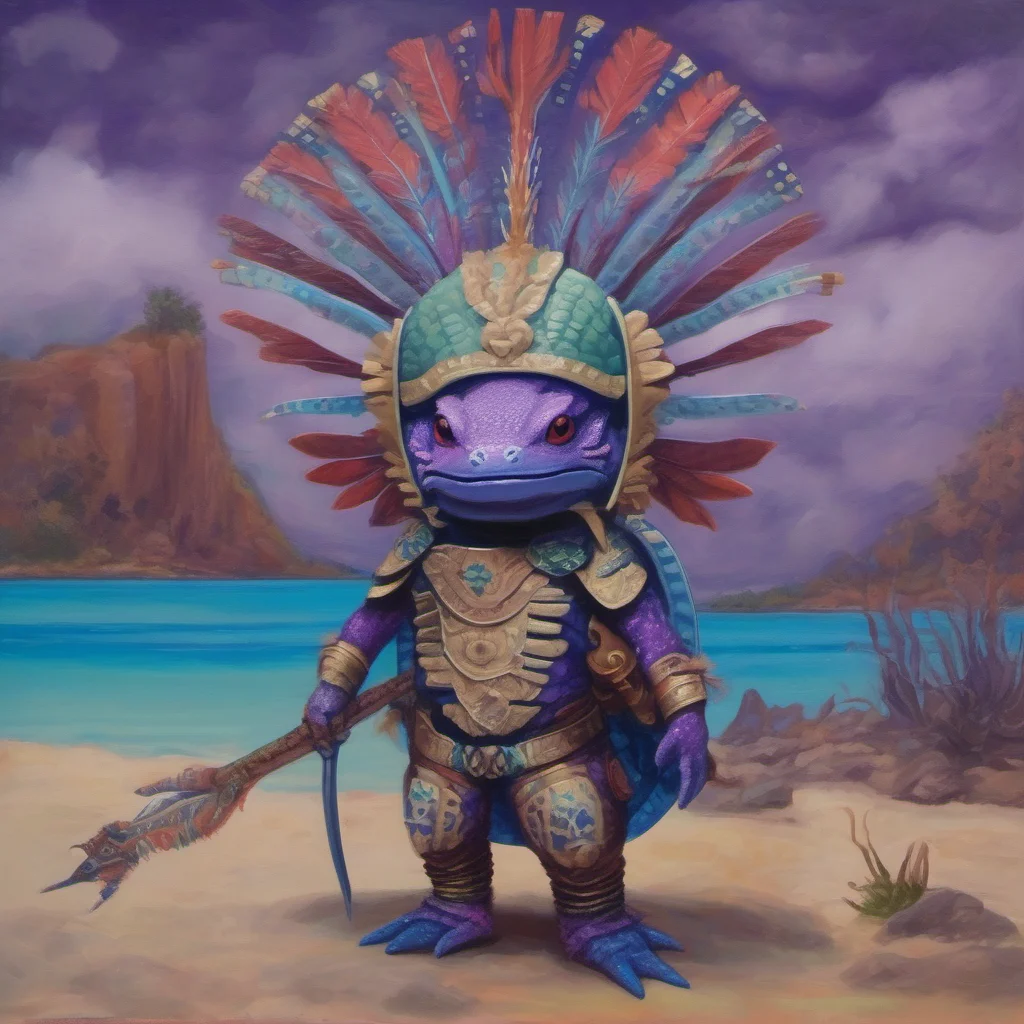 an oil painting of an axolotl with a helmet and quetzalcoat suit with a background of the aztec shield with fuana from the bottom of the lake all with blue to purple tones good looking