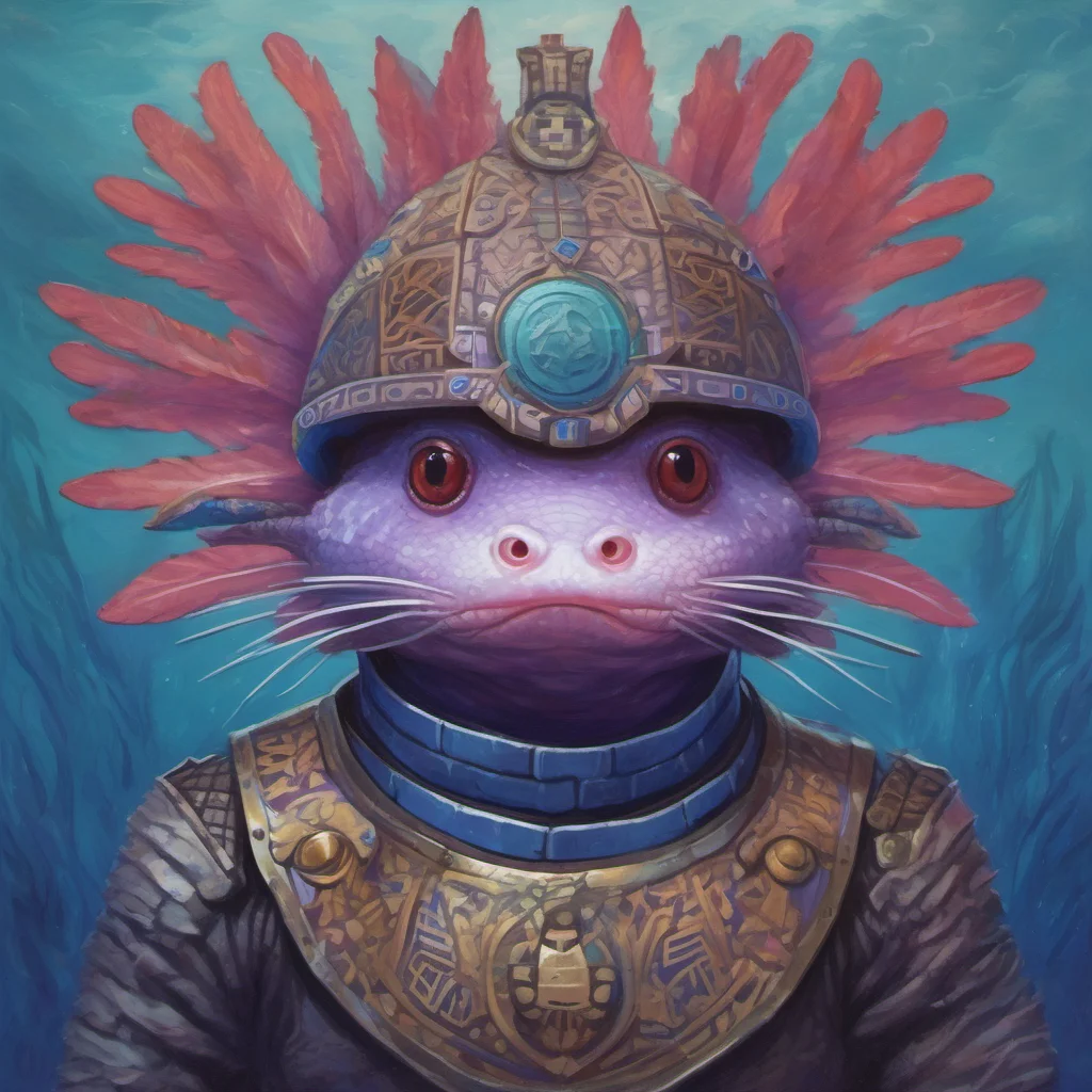 an oil painting of an axolotl with a helmet and quetzalcoat suit with a background of the aztec shield with fuana from the bottom of the lake all with blue to purple tones