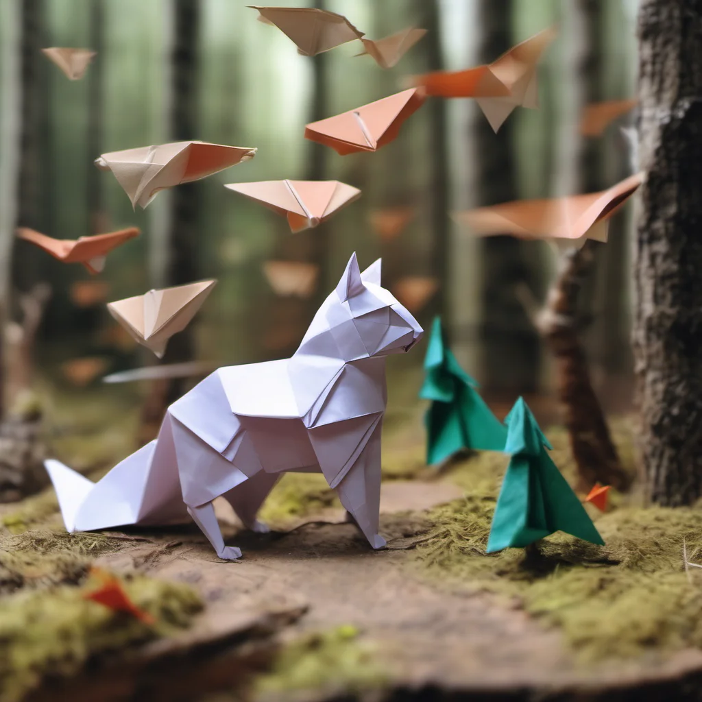 an origami cat in an origami forest chasing an origami squirrel amazing awesome portrait 2