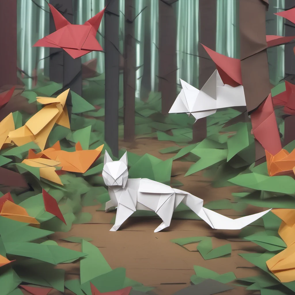 an origami cat in an origami forest chasing an origami squirrel confident engaging wow artstation art 3