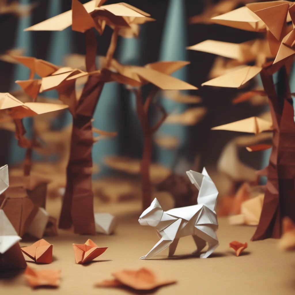 an origami cat in an origami forest chasing an origami squirrel