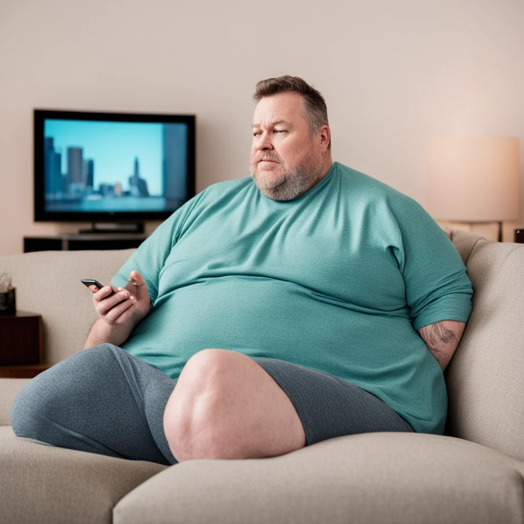 aian overweight middle aged man in his living room on the couch looking at his phone while netflix is running on tv
