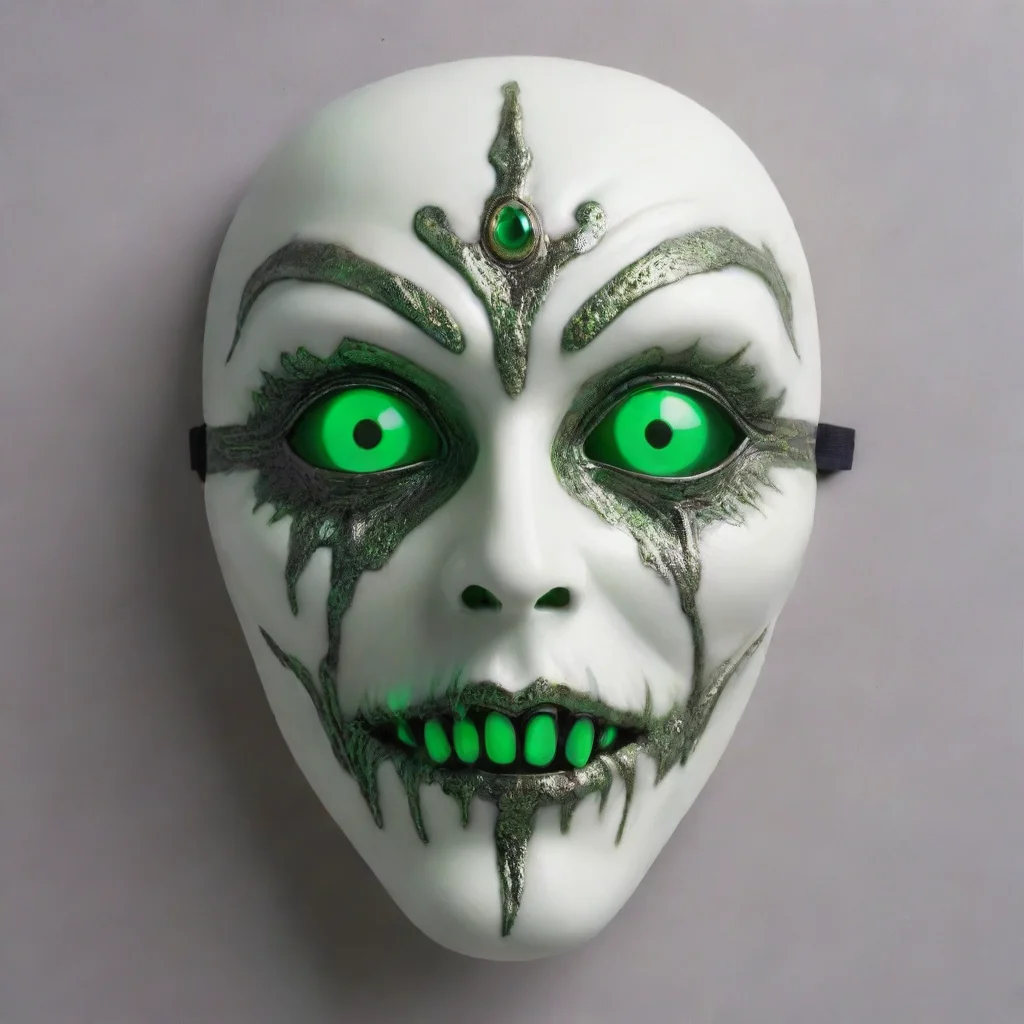 an sinister mask with glowing green eyes and a porcelain finish