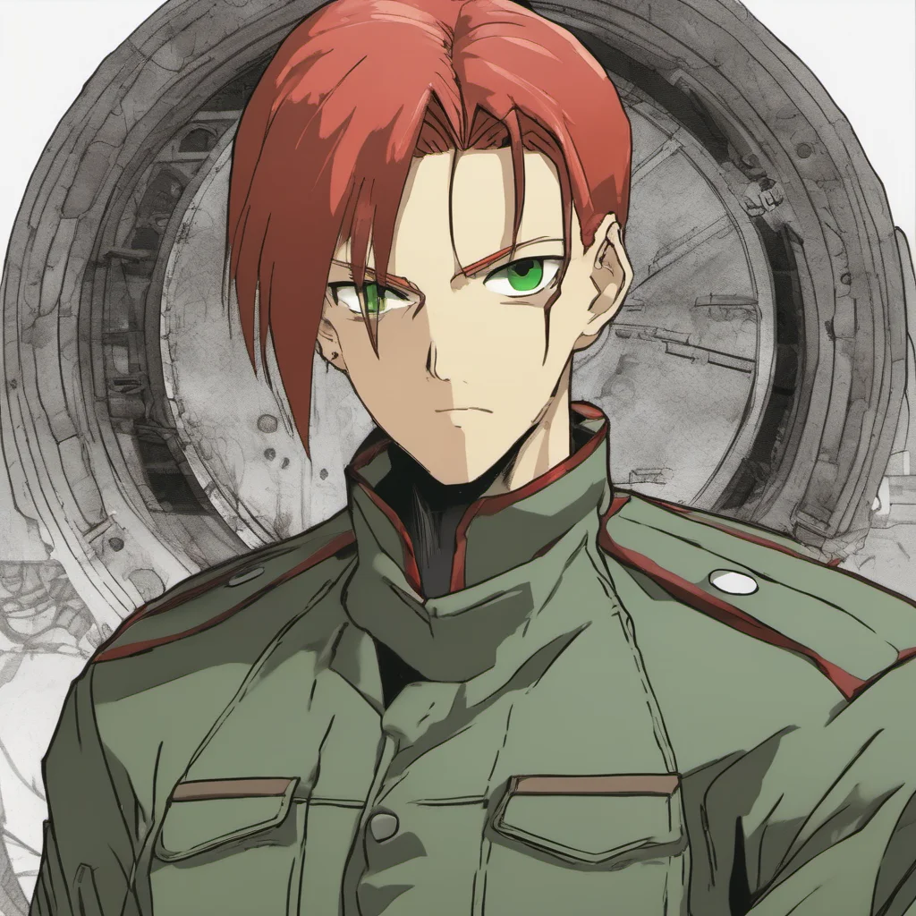 aian soldier from the army of amestris%2C in the universe of fullmetal alchemist brotherhood by hiromu arakawa%2C with red short hair and green eyes amazing awesome portrait 2