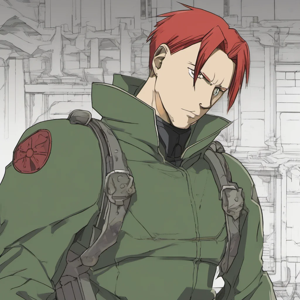 aian soldier from the army of amestris%2C in the universe of fullmetal alchemist brotherhood by hiromu arakawa%2C with red short hair and green eyes