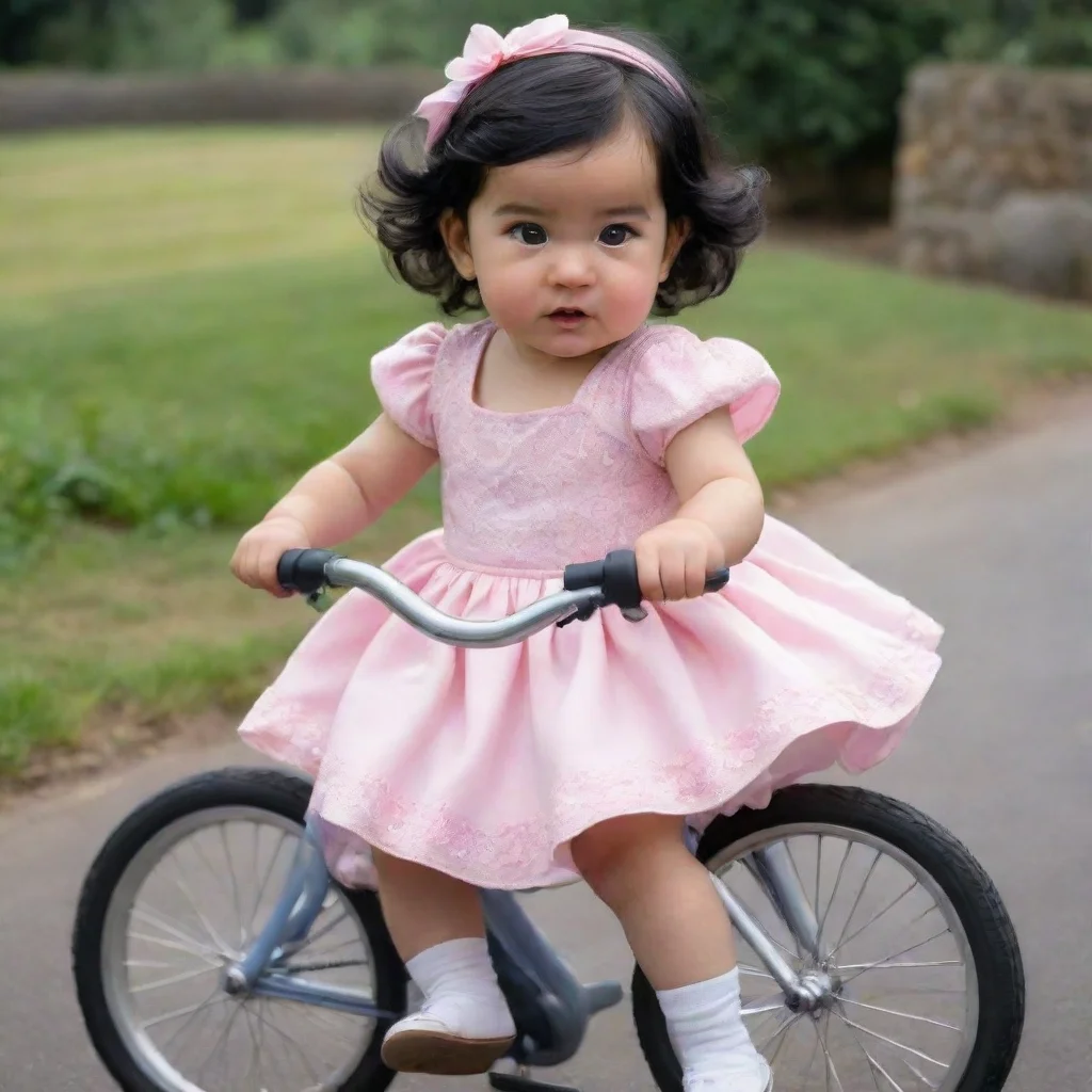 an ultra realsitic baby girl who is riding a cycle who has black hair and wearing dress like princess. she is as gorgous as princess diana