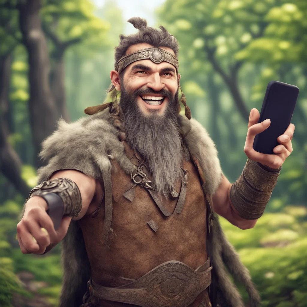 ancient pagan warrior taking selfie smiling happy nature realistic 