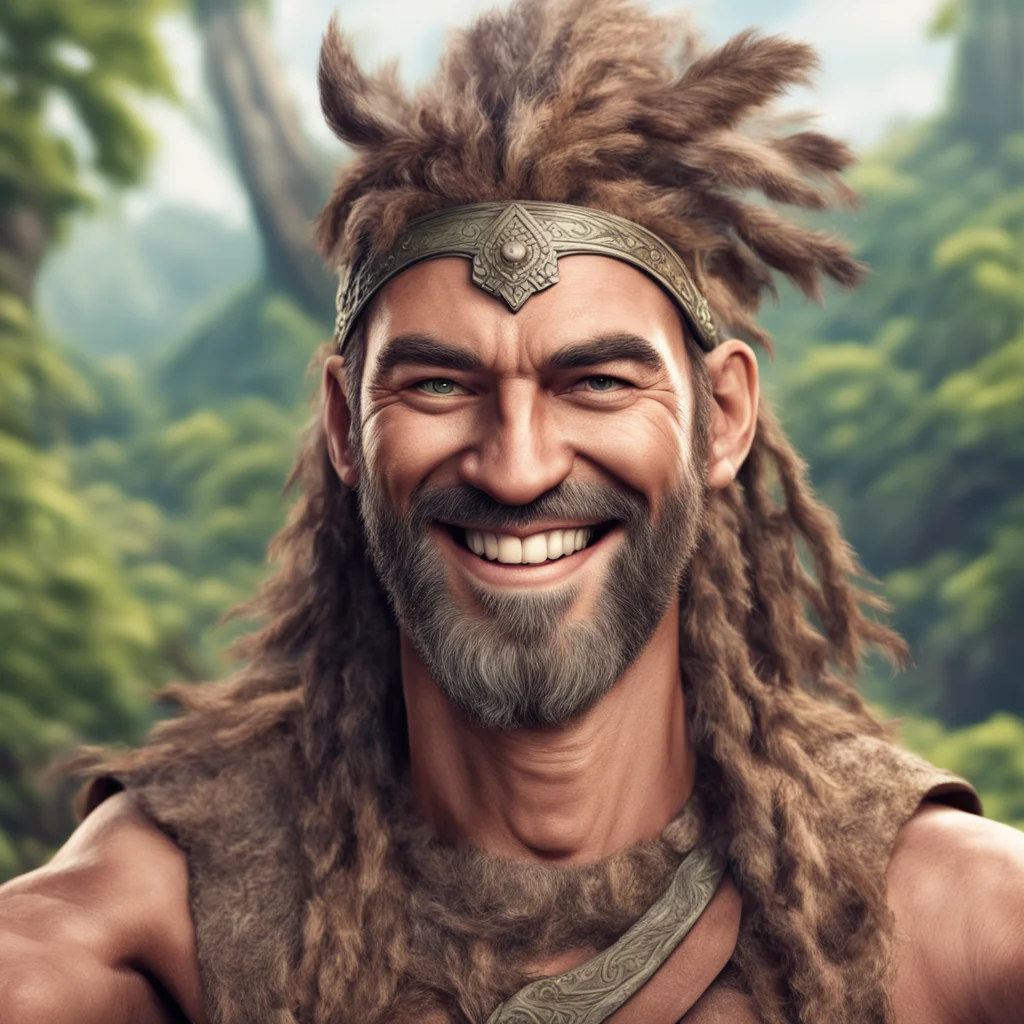 ancient pagan warrior taking selfie smiling happy nature realistic face only 