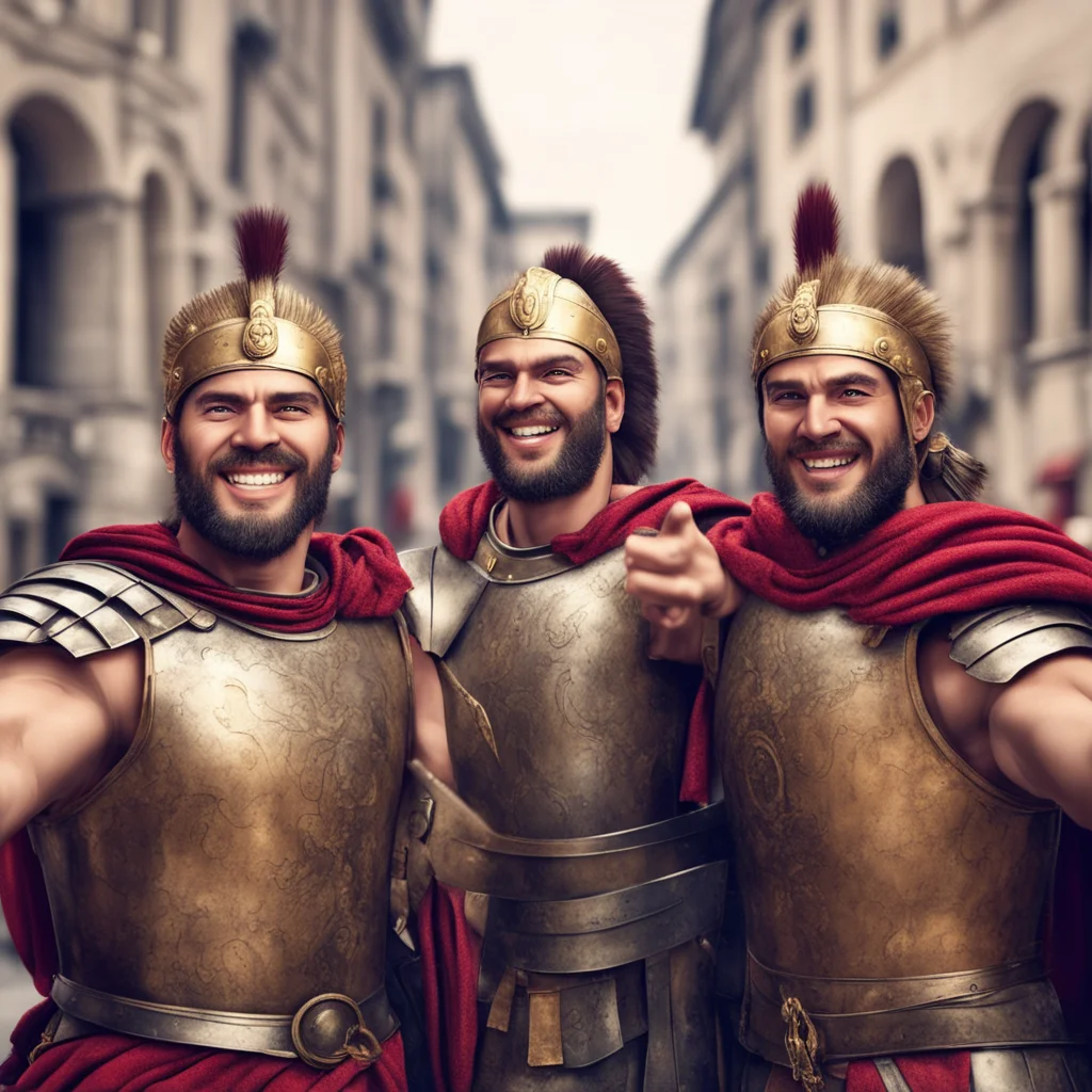 ancient roman warriors taking selfie smiling happy city realistic 