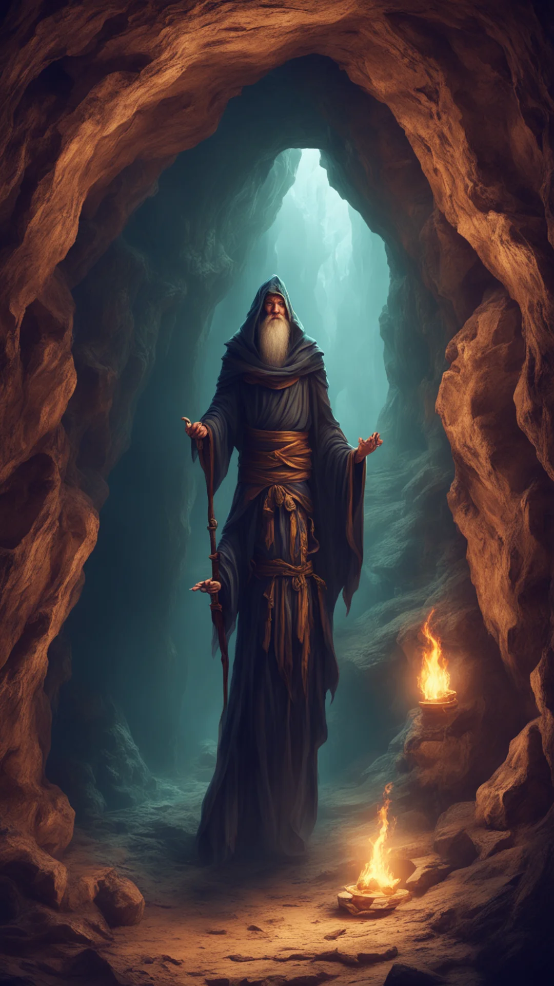 ancient sorcerer into a cave amazing awesome portrait 2 tall