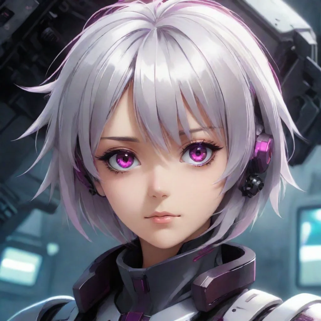 android anime girl short silver hair dark magenta eyes sci fi background mecha pilot