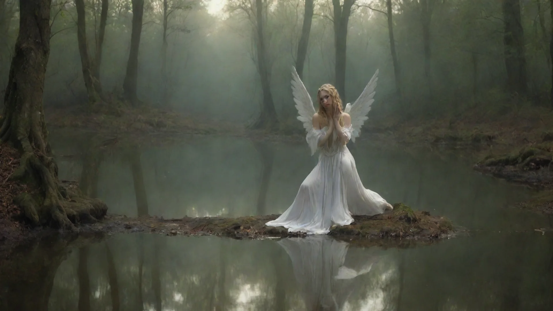 aiangel kneeling by pond looking at reflection with a demon staring back in the water%2C with a forest background wide