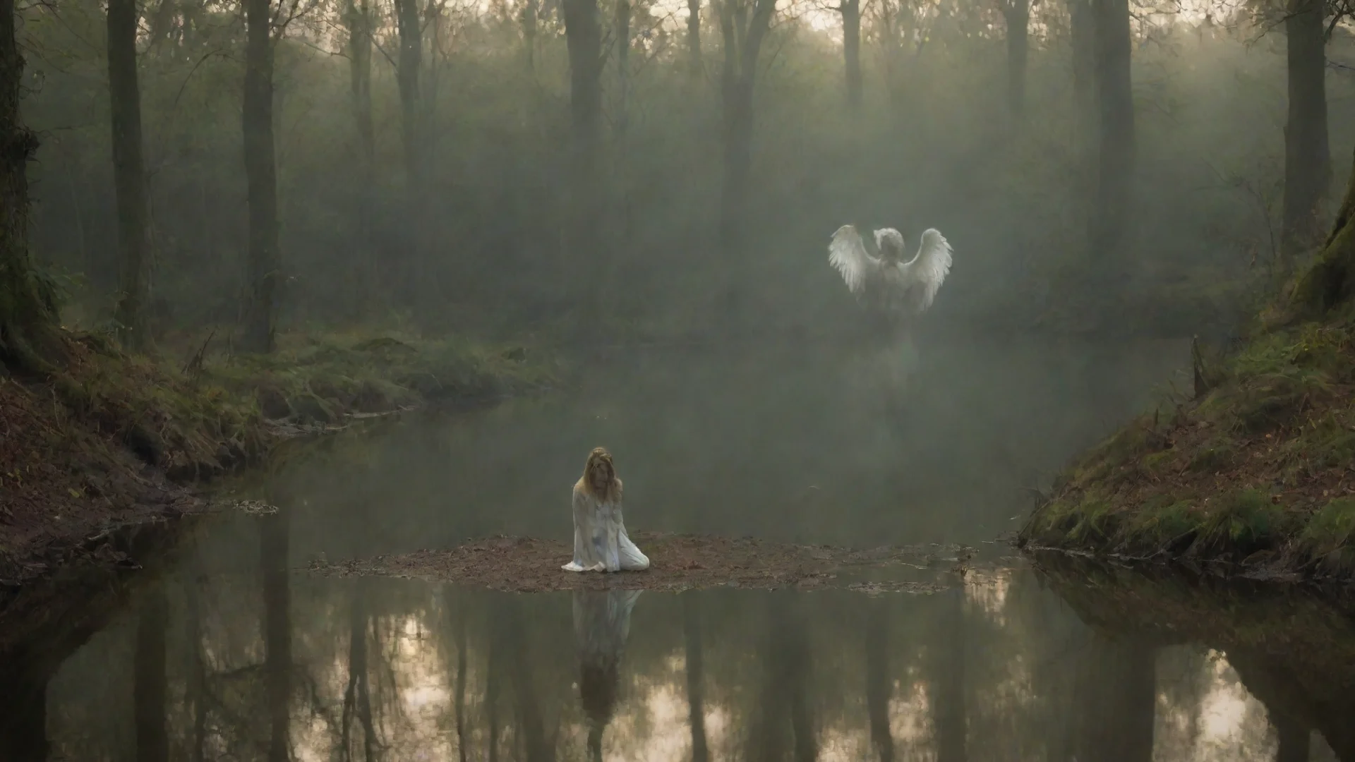 aiangel kneeling by pond looking at reflection with a demon staring back with a forest background wide