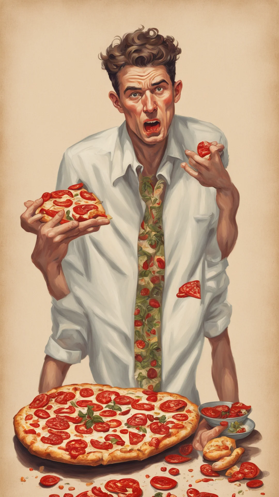 aiangry young man ravishing pizza in the style of norman rockwell amazing awesome portrait 2 tall