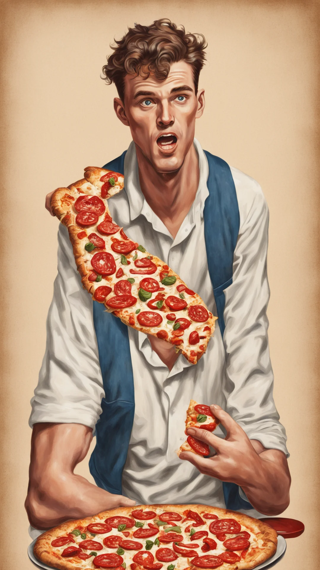 aiangry young man ravishing pizza in the style of norman rockwell good looking trending fantastic 1 tall