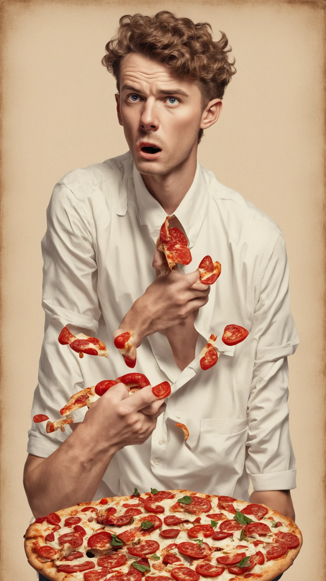 aiangry young man ravishing pizza in the style of norman rockwell tall