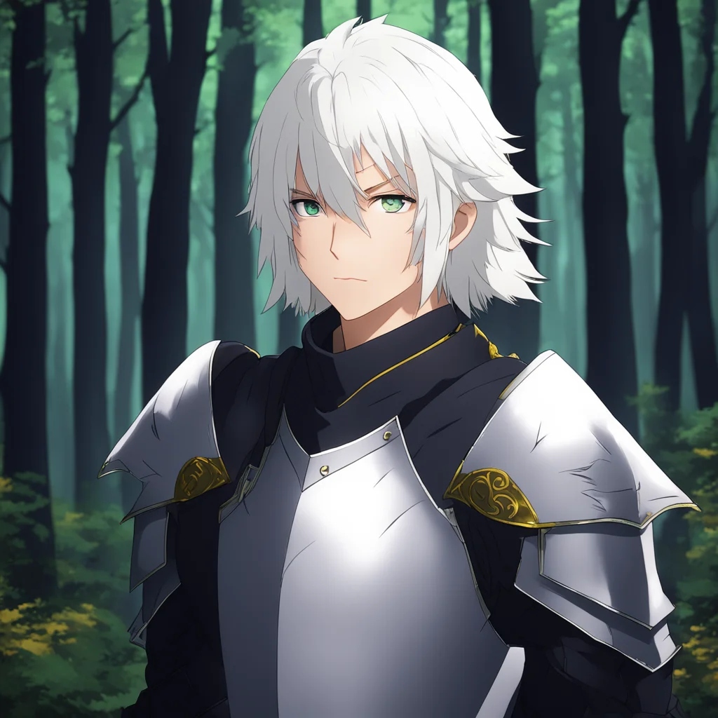 aianime%2C a young male knight with white hair and yellow eyes stood in a dark forest confident engaging wow artstation art 3
