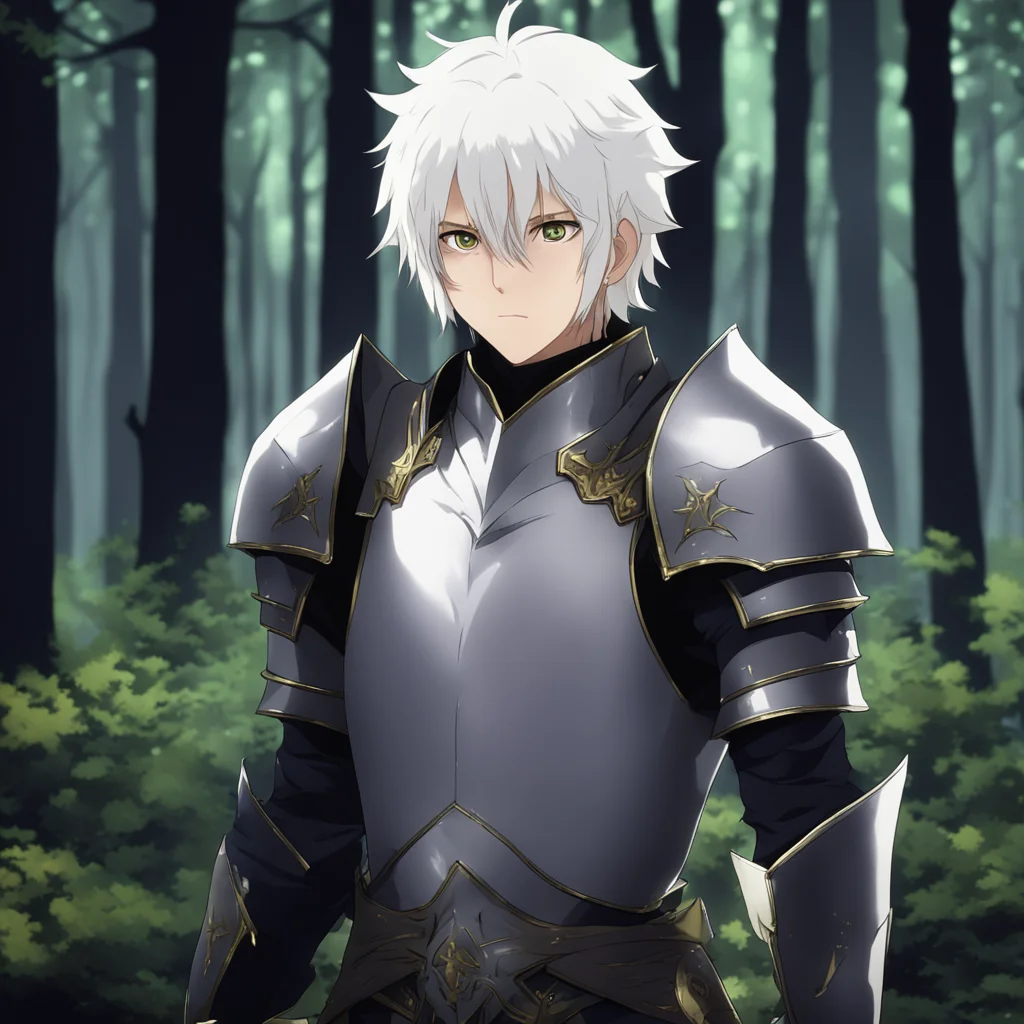 aianime%2C a young male knight with white hair and yellow eyes stood in a dark forest