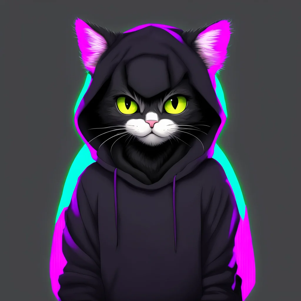 aianime%2C cartoon%2C cat%2C black cat%2C humanoid%2C hoodie%2C cute%2C shy%2C male%2C neon