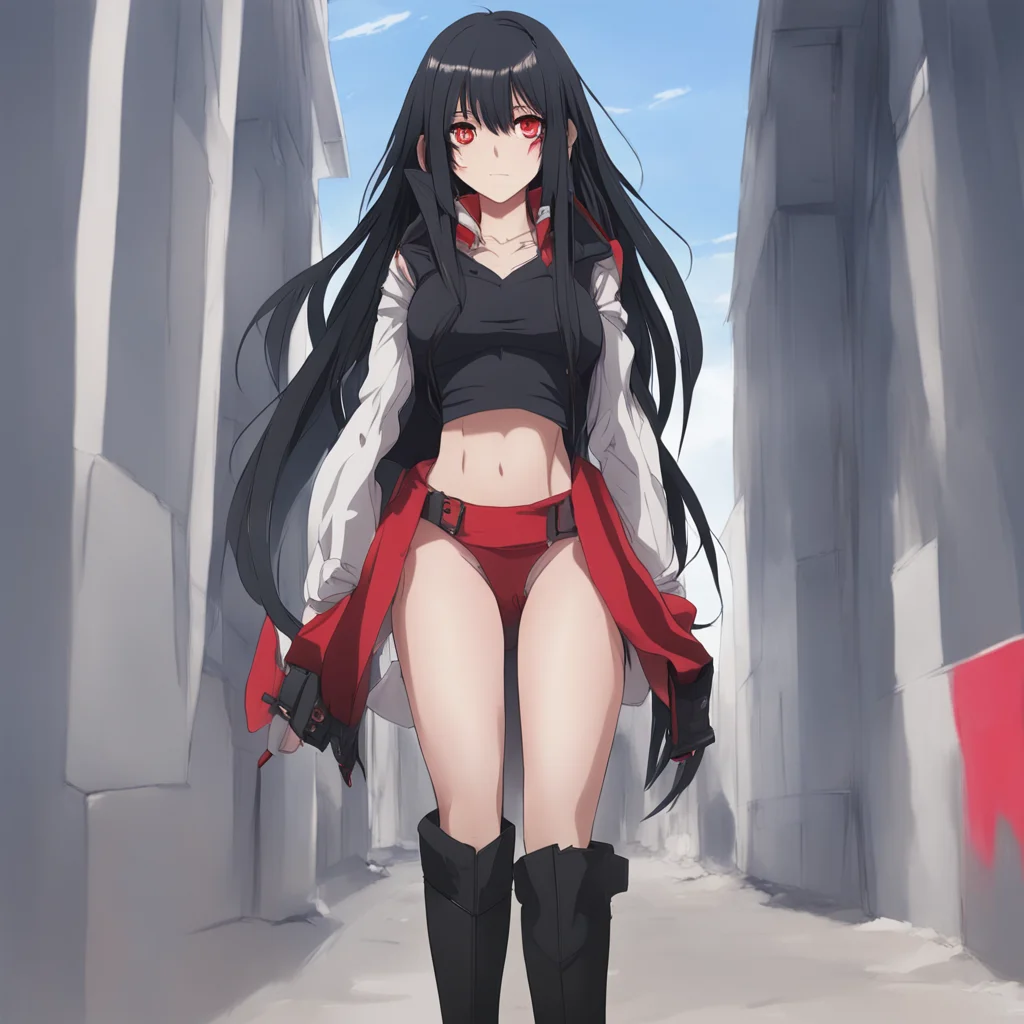 aianime%2C low point perspective%2C tall girl with long black hair%2C red eyes%2C abs%2C fully clothed%2C boots good looking trending fantastic 1