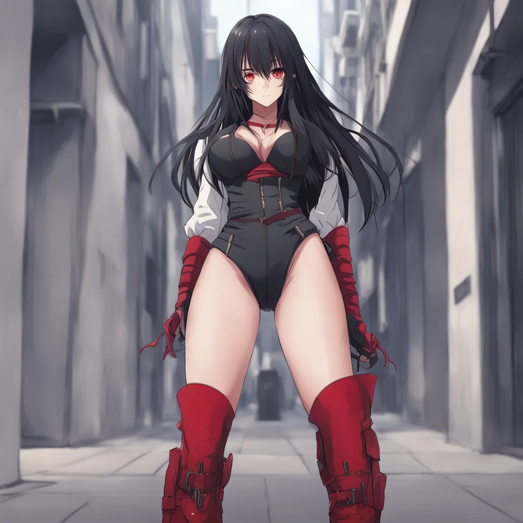 aianime%2C low point perspective%2C tall girl with long black hair%2C red eyes%2C abs%2C fully clothed%2C boots