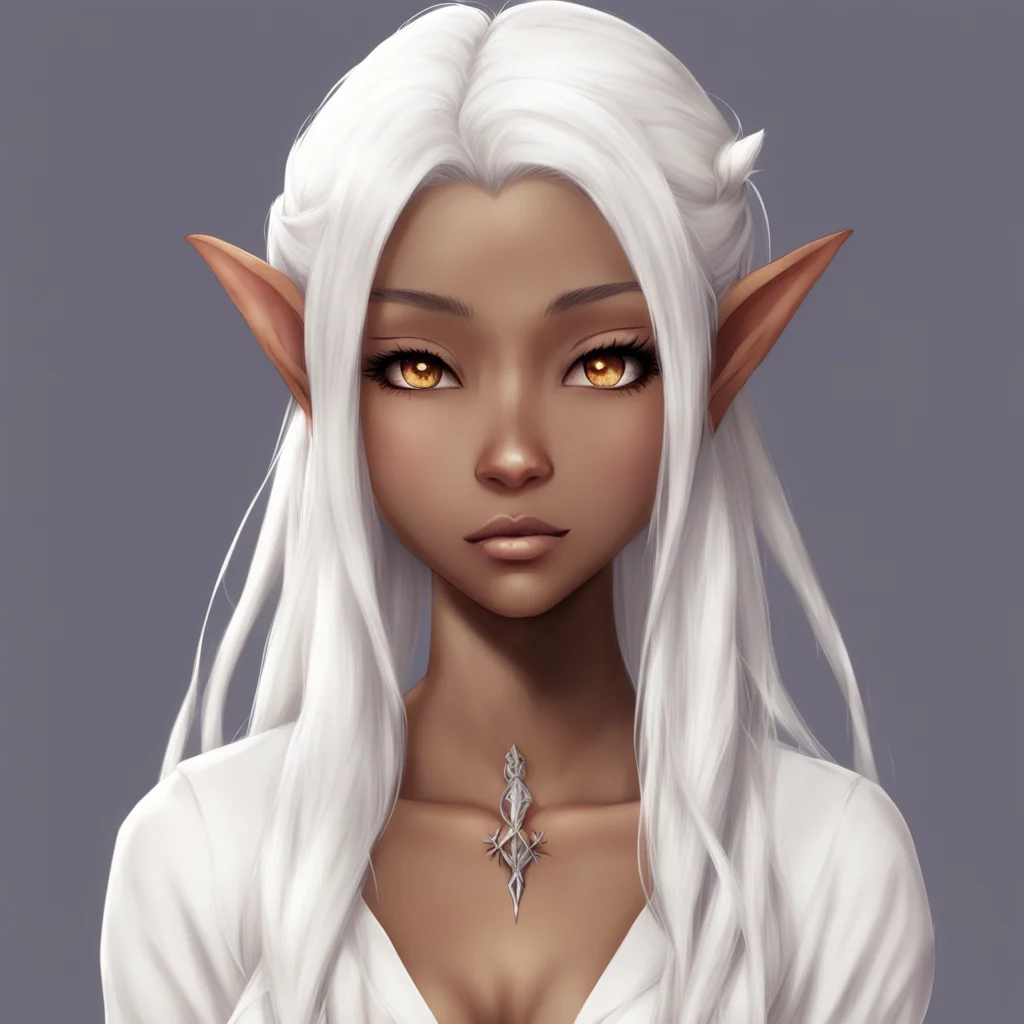 aianime%2C pretty%2Cbrown skin%2C white hair%2C elf