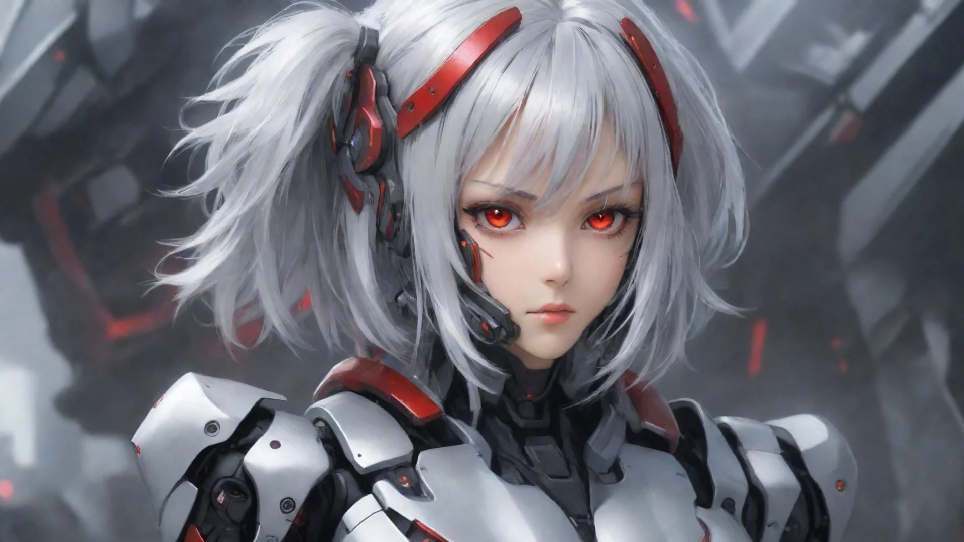 aianime android woman red eyes medium silver hair mecha pilot futuristic background wide