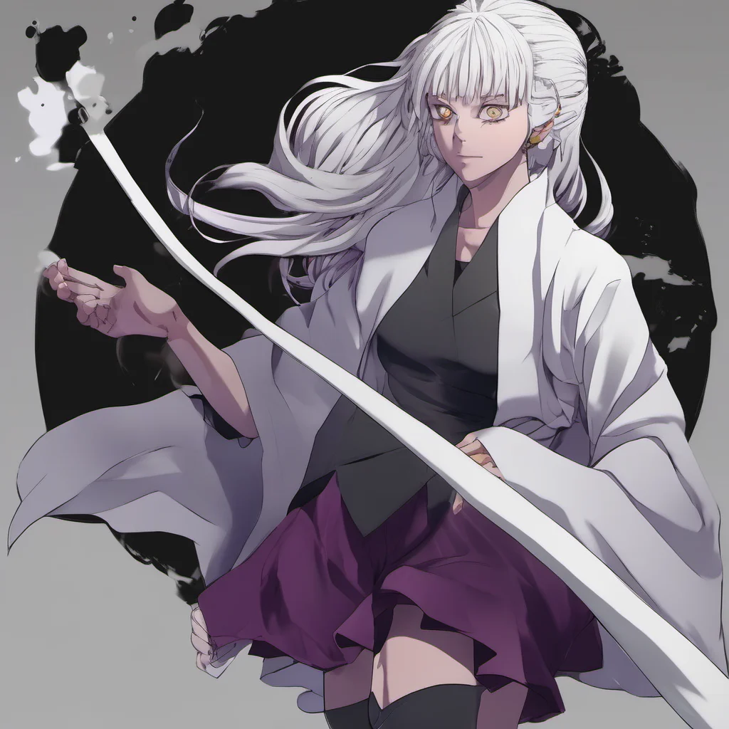 anime character of jujutsu kaisen witch white hair purple eyes and color skin white 
