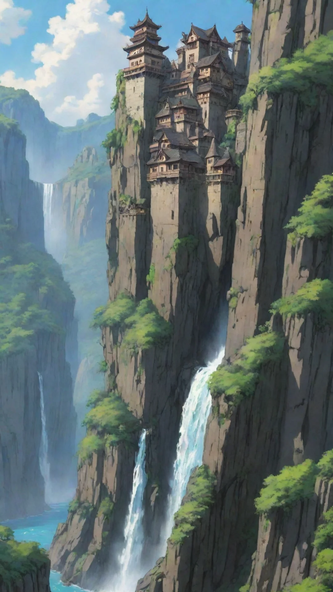 anime ghibli towering castle cliff overhang with waterfall hs detailed extreme tall