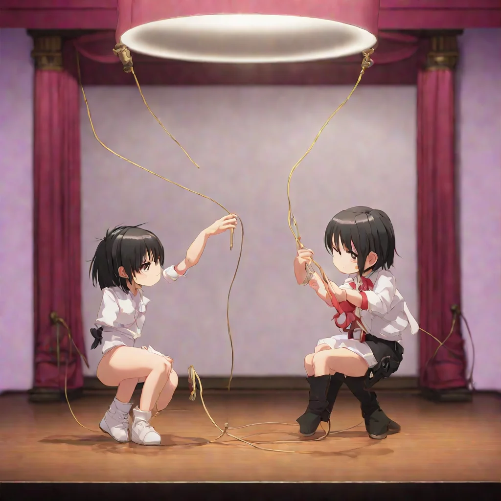 aianime girl playing with a shrunken man with puppet string attached to him on a miniature stage.