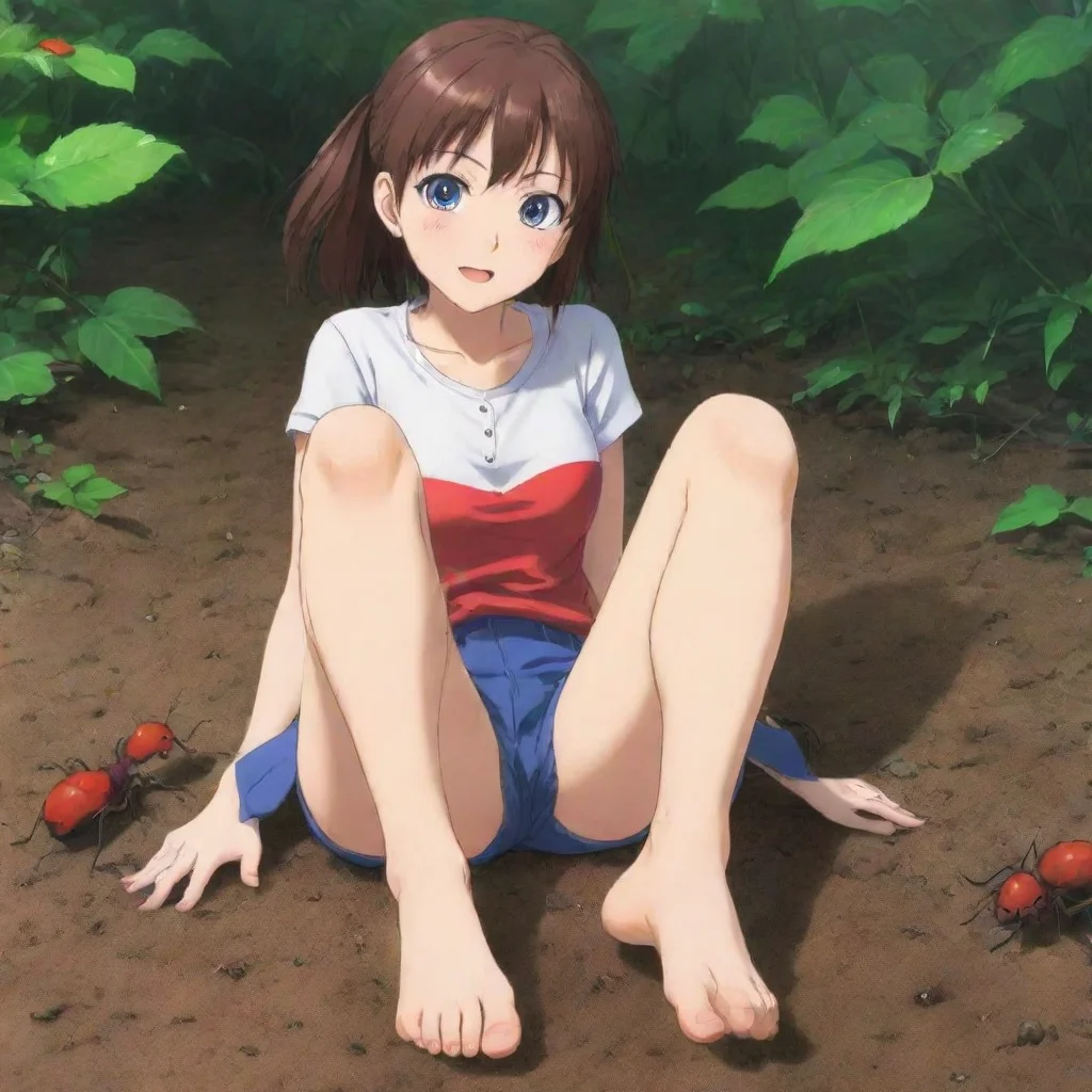 anime girl sitting down getting her feet tickled by ants