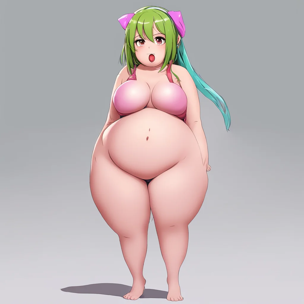 anime girl with a hose in their mouth and a huge belly