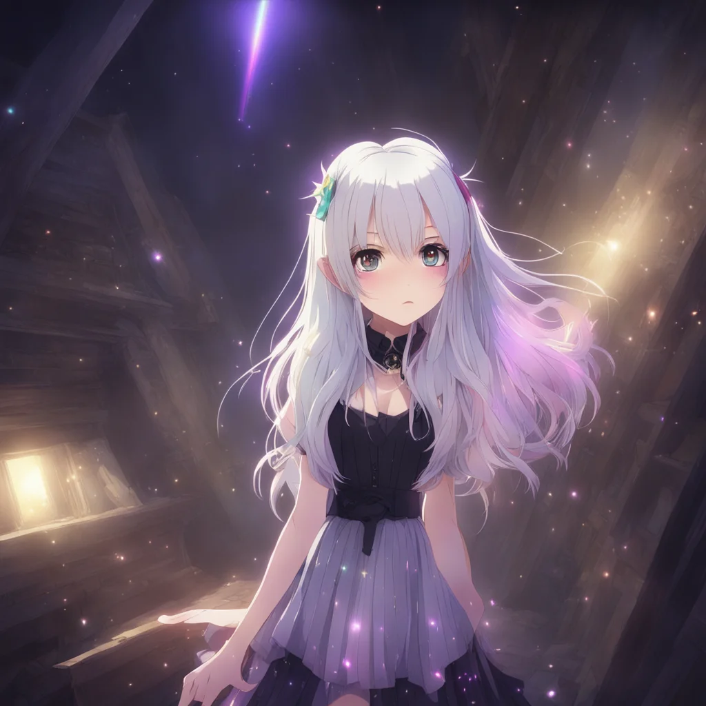 aianime girl with rainbow beams reflecting in her face%2C long white hair%2C frilly black dress%2C searching attic at nighttime  amazing awesome portrait 2