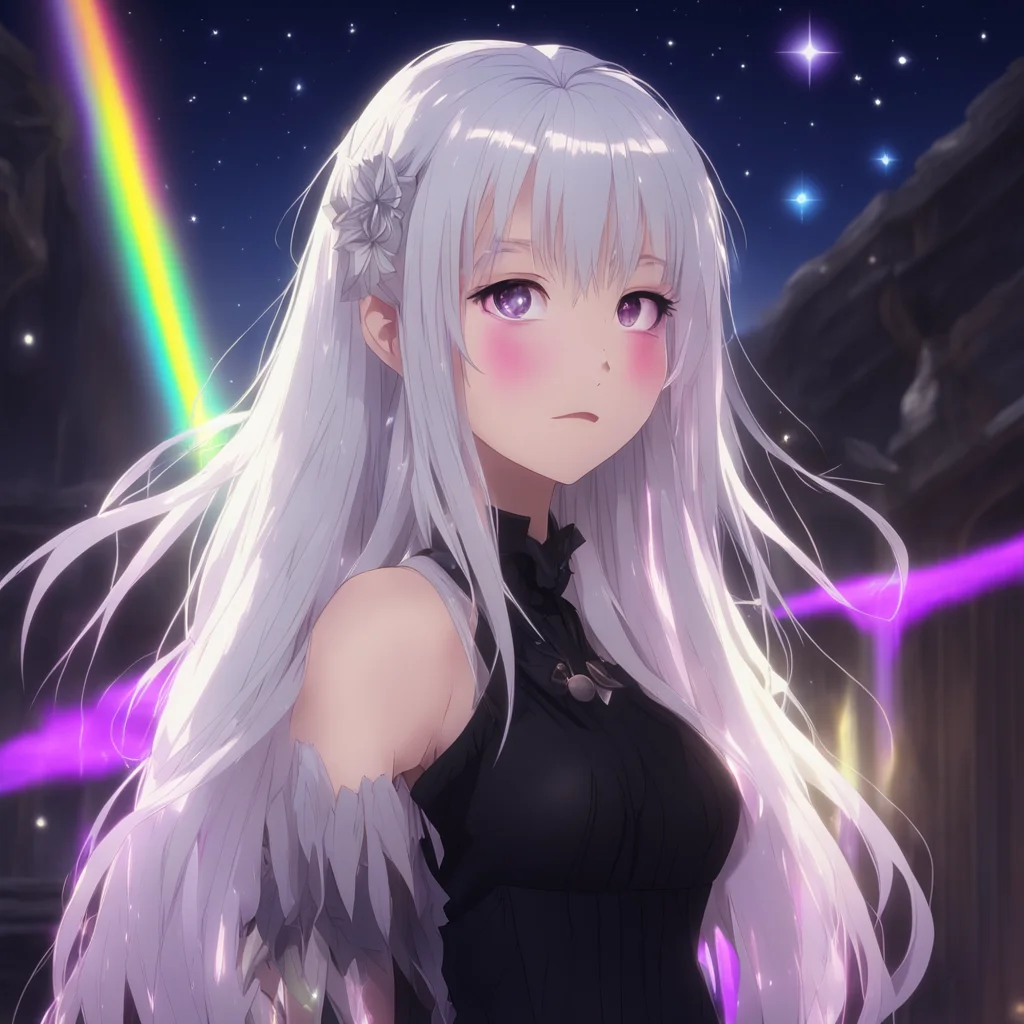 aianime girl with rainbow beams reflecting in her face%2C long white hair%2C frilly black dress%2C searching attic at nighttime  good looking trending fantastic 1