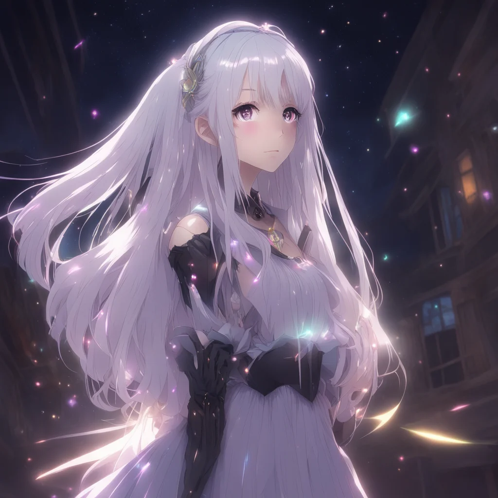 aianime girl with rainbow beams reflecting in her face%2C long white hair%2C frilly black dress%2C searching attic at nighttime 