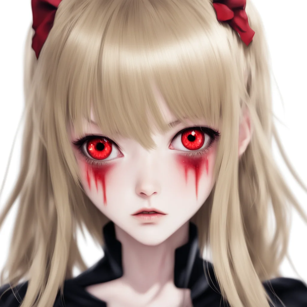 anime girl with red eyes and blond hair with blunt bangs vampire
