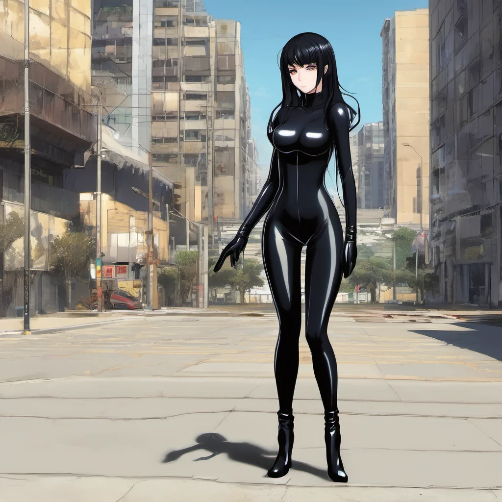 anime girl with waist length black hair covering her right eye wearing a skintight black spandex catsuit with matching boots and gloves amazing awesome portrait 2