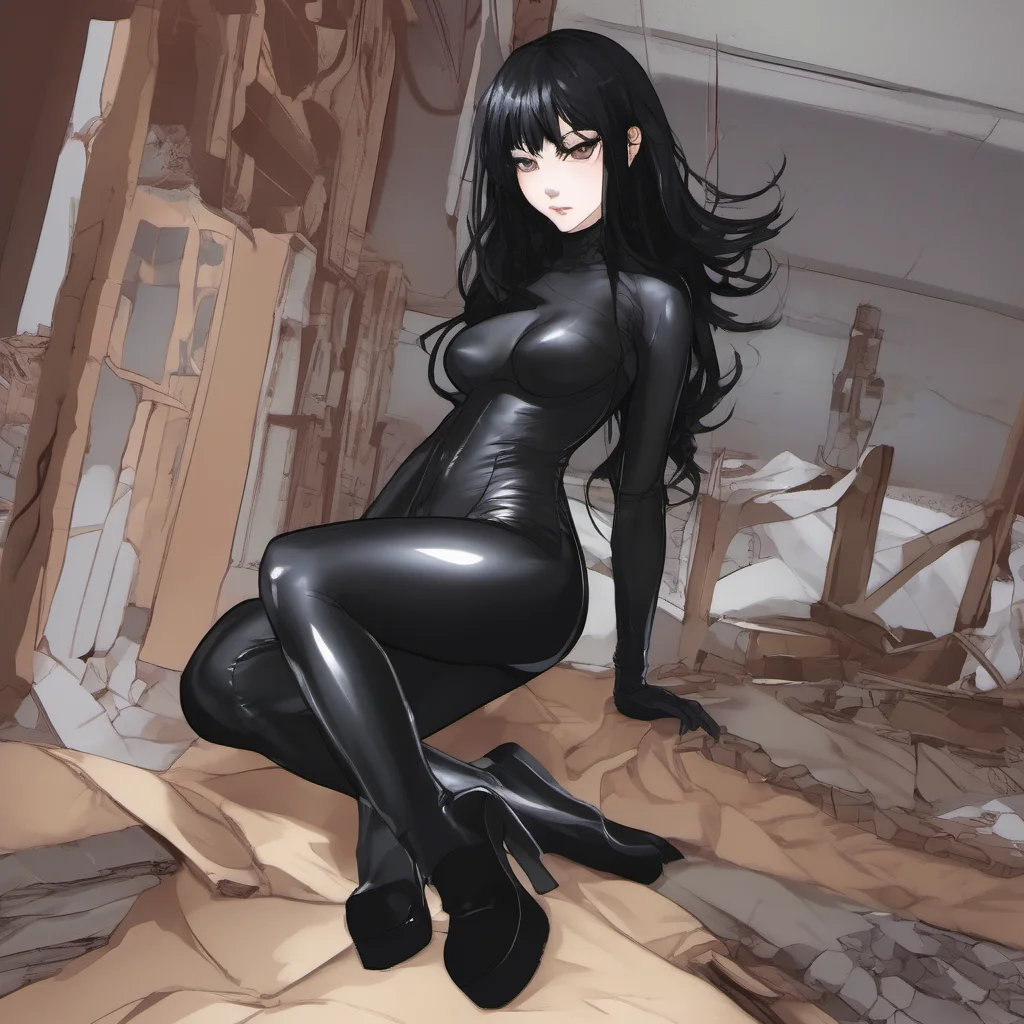 anime girl with waist length black hair covering her right eye wearing a skintight black spandex catsuit with matching boots and gloves confident engaging wow artstation art 3